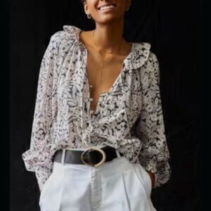 Anthropologie Peasant Ruffle Blouse Shirt Paisley Print White Lavender XXS